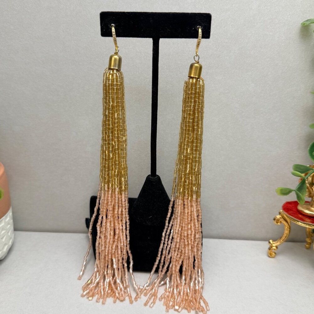 Super Long Ombre Beaded Tassel Earrings Gold Pink Statement Runway